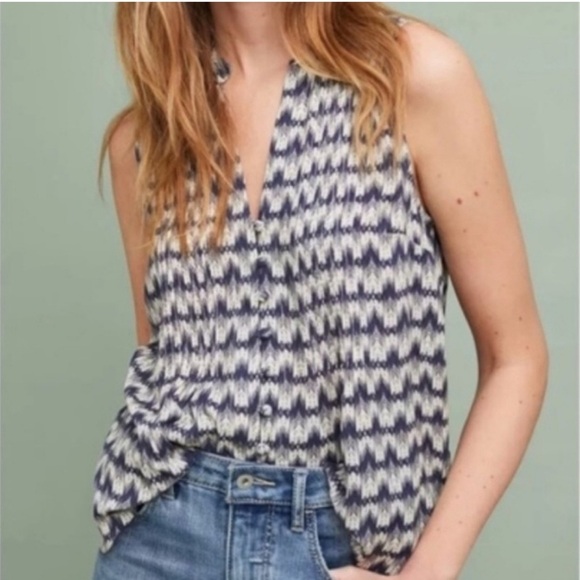 Anthro Maeve Ikat Print Sleeveless Tank Blouse Cream Indigo navy Blue x-large XL - Picture 2 of 8